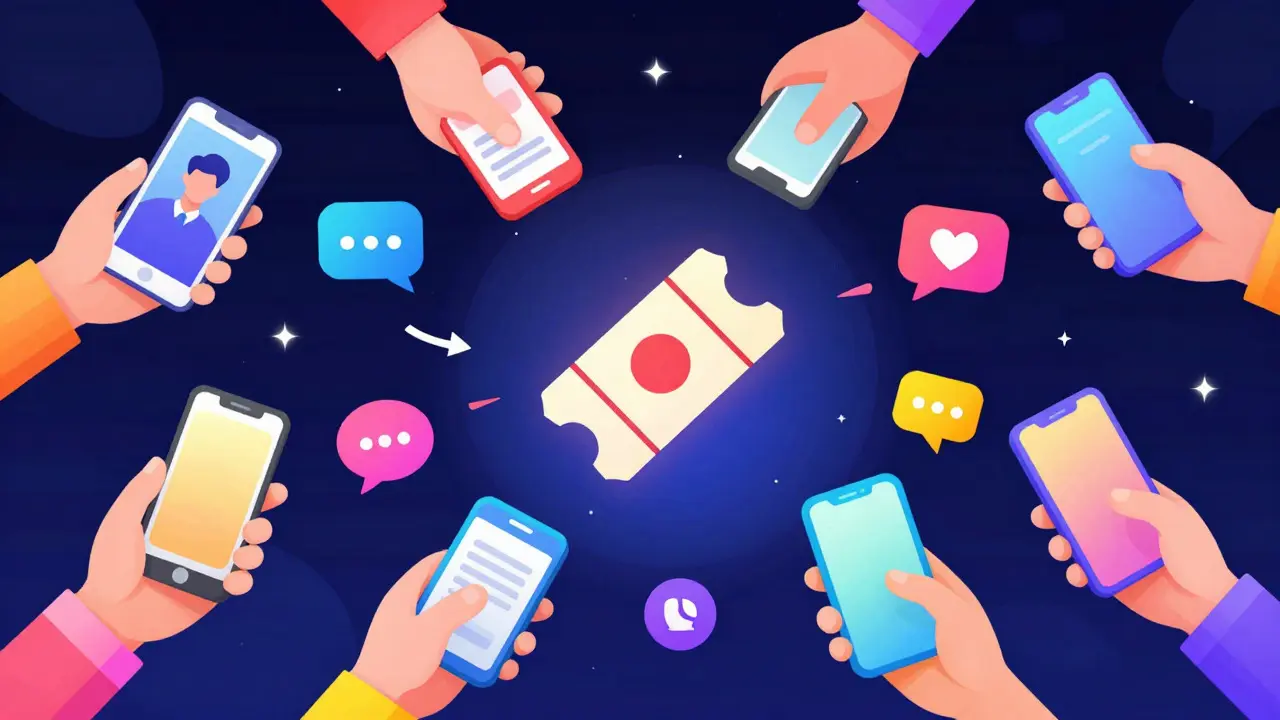 Digital illustration of social media networks connecting users around a movie ticket