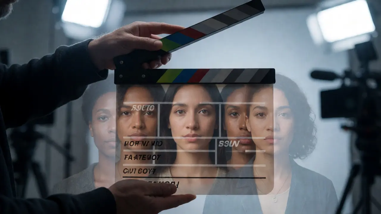Director's hands holding a clapperboard with diverse faces overlaid