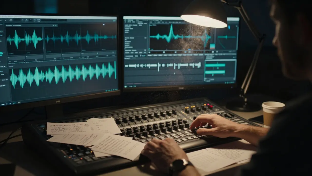 Director analyzing feedback notes in a dimly lit editing suite