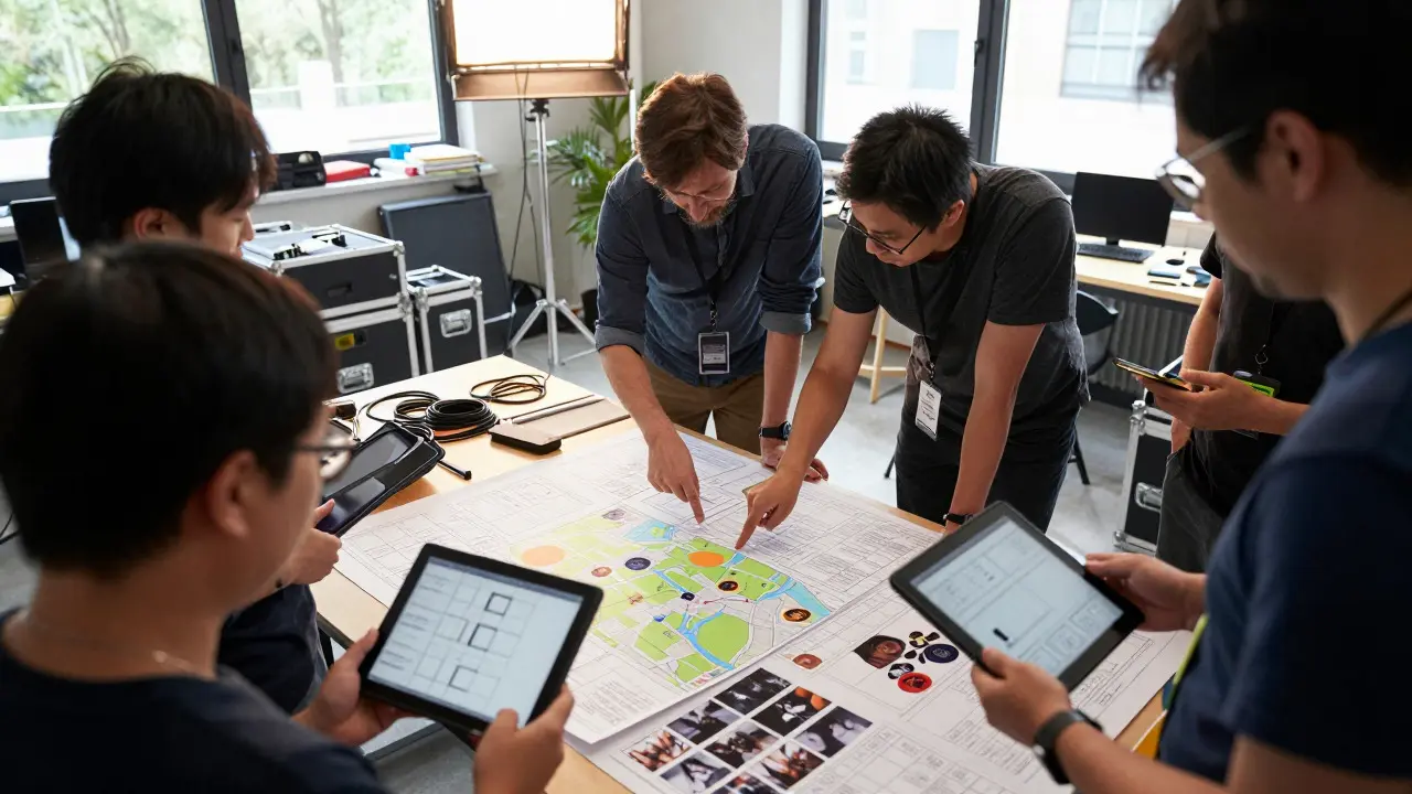 Director and cinematographer reviewing storyboards and reference photos at a table on a film set during pre-production.