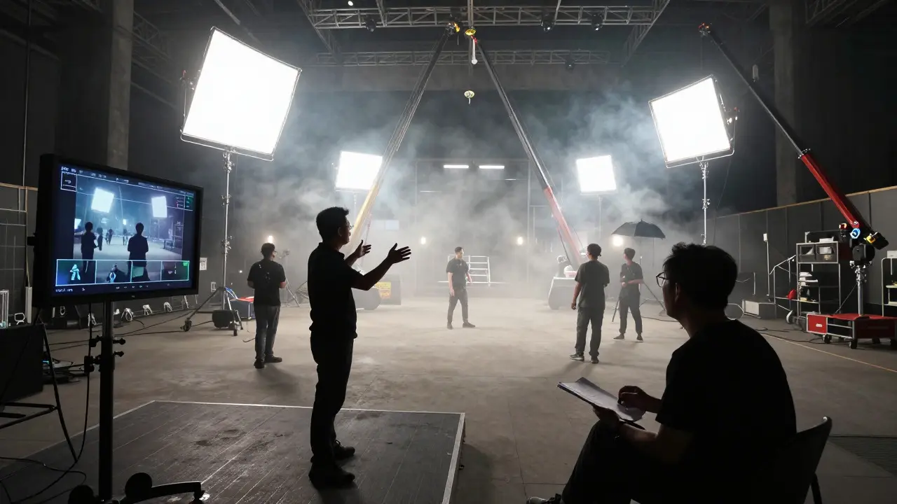 Director and crew working on a busy film set at night under bright lights