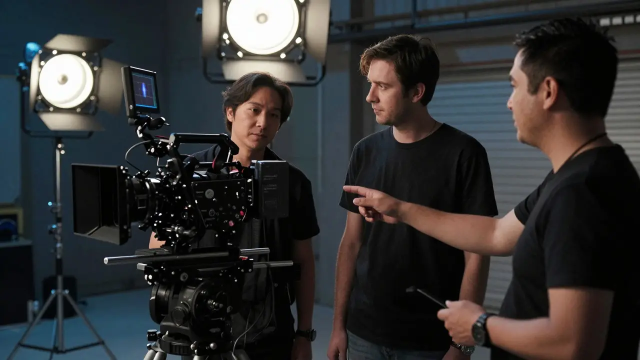Director and DP communicating non-verbally next to a large camera rig on a busy film set with complex lighting.