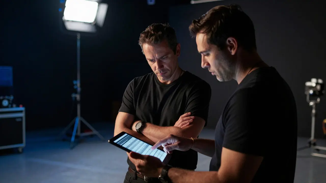 Director and unit production manager reviewing a schedule