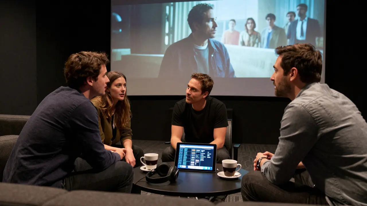 Director, editor, and music supervisor collaborating in a screening room