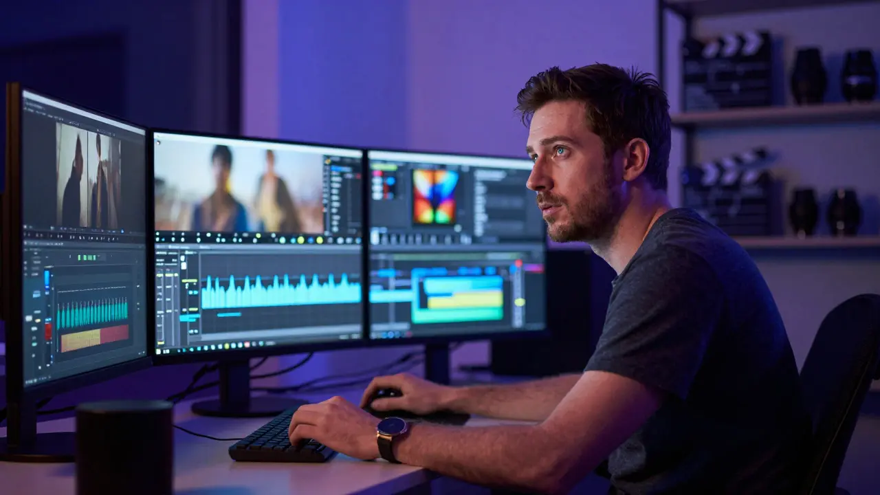 Director focused on editing software in a dark studio with blue lighting