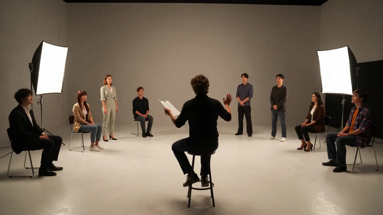 Director guiding multiple actors on a soundstage during a filming session