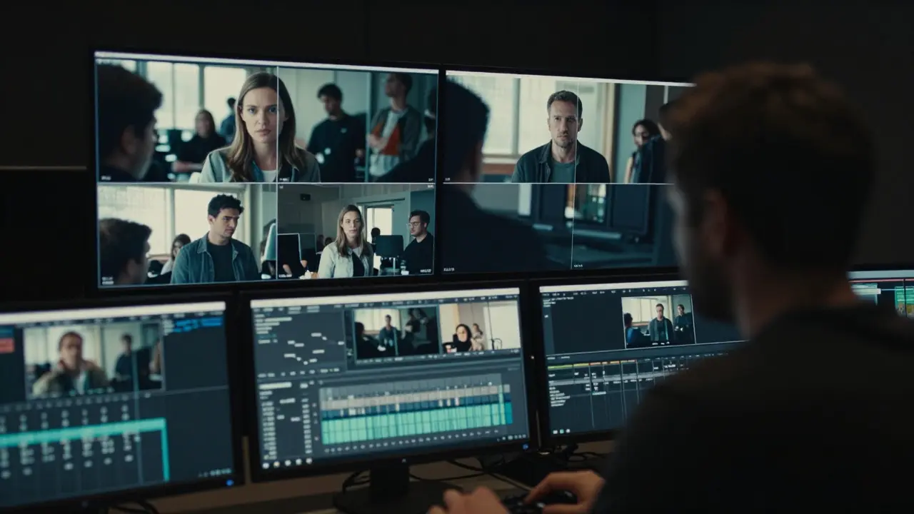 Director monitoring split-screen video feeds in a dark control booth