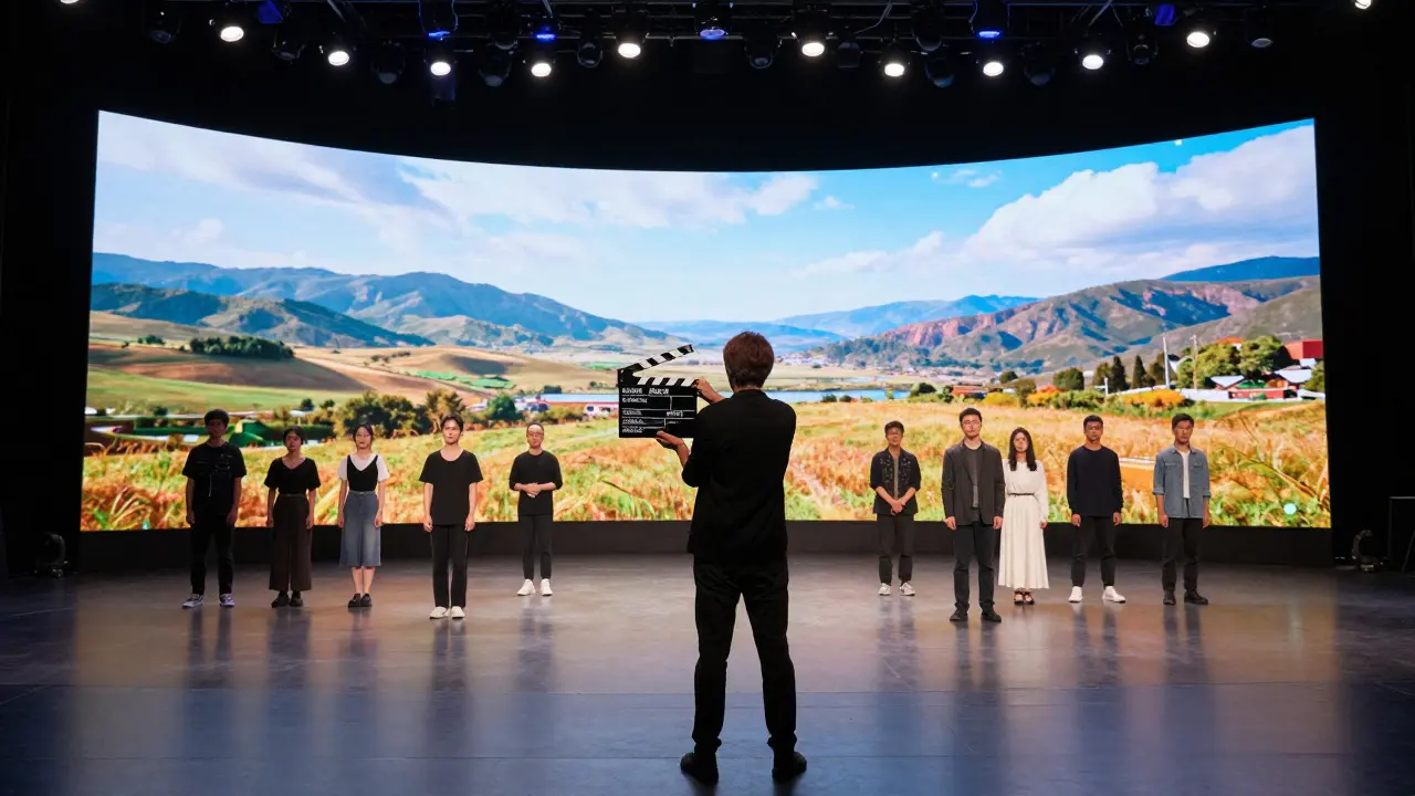 Director overseeing an ensemble cast in a virtual production studio