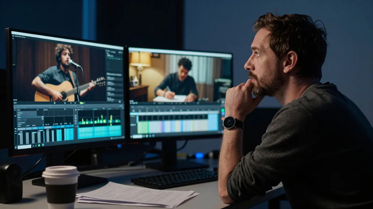 Director reviewing split-screen footage of documentary and narrative modes in an edit suite