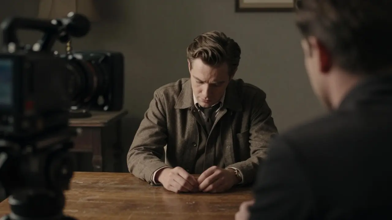Director watching an actor perform a restrained historical scene on a film set