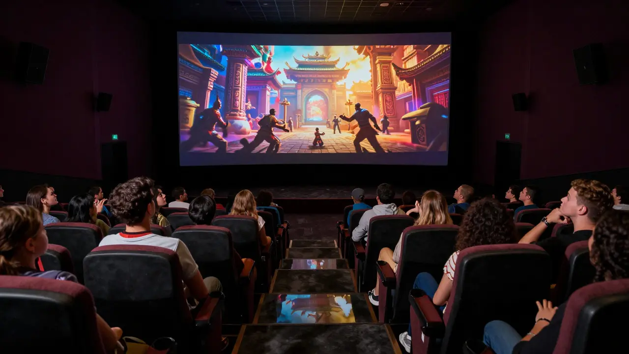 Diverse audience members watch a culturally authentic film with intense emotional engagement