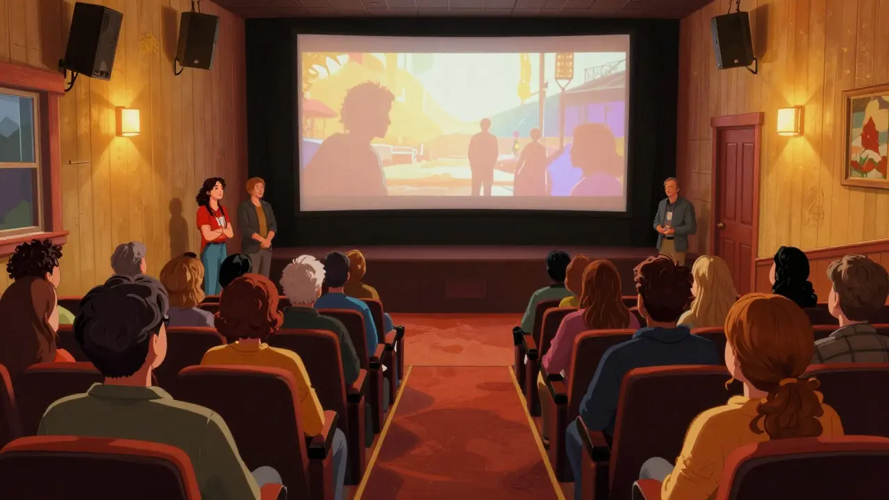 Diverse audience watching a film screening in a small community theater