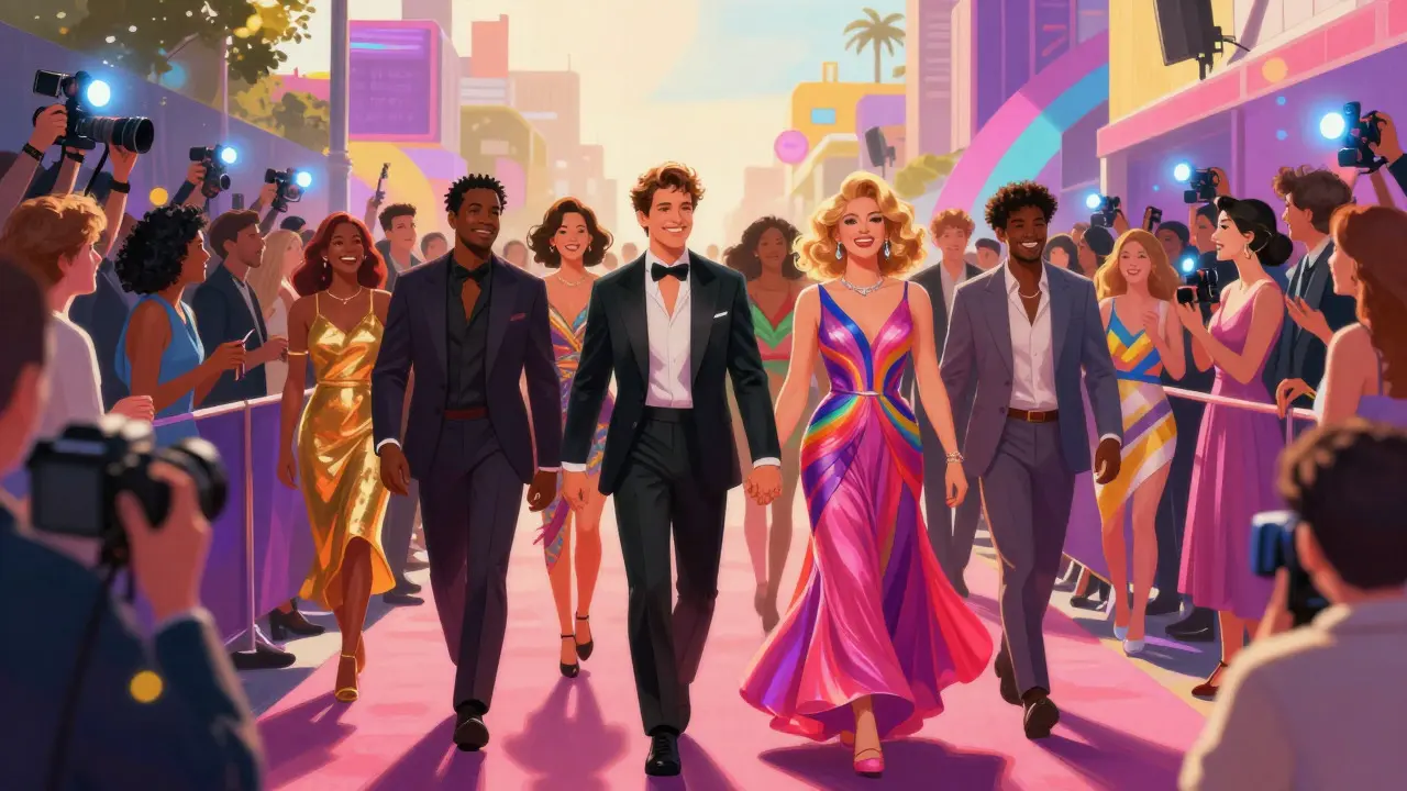 Diverse cast of LGBTQ+ actors walking hand-in-hand on a sunny red carpet at a modern movie premiere