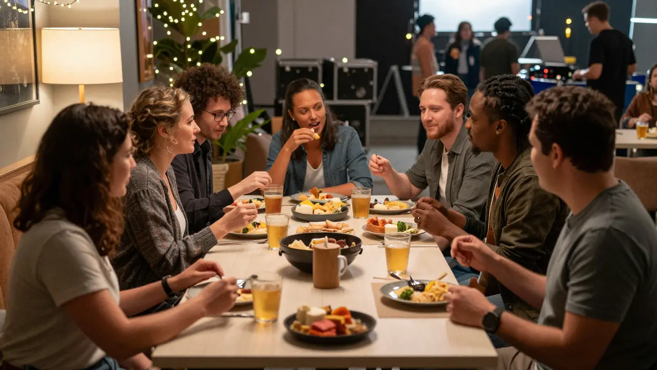 Diverse crew members relaxing and socializing together in a film set break area
