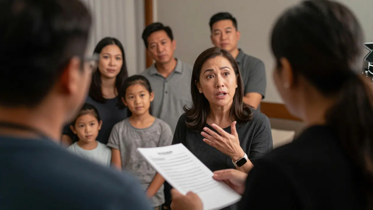 Diverse film crew directing a multigenerational Asian-American family scene