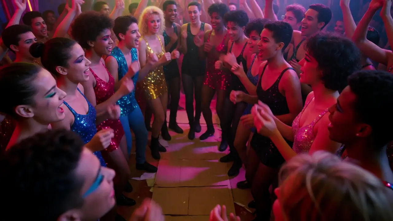 Diverse group cheering at a vibrant 1980s NYC ballroom event