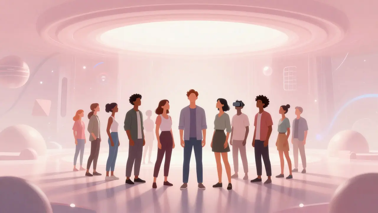 Diverse group of people in an immersive, reactive sci-fi environment
