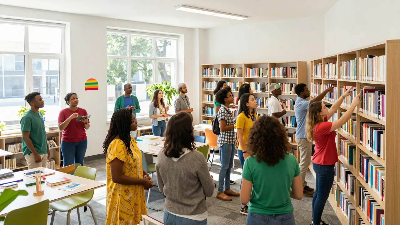 Diverse group of people selecting media in a sunny community library