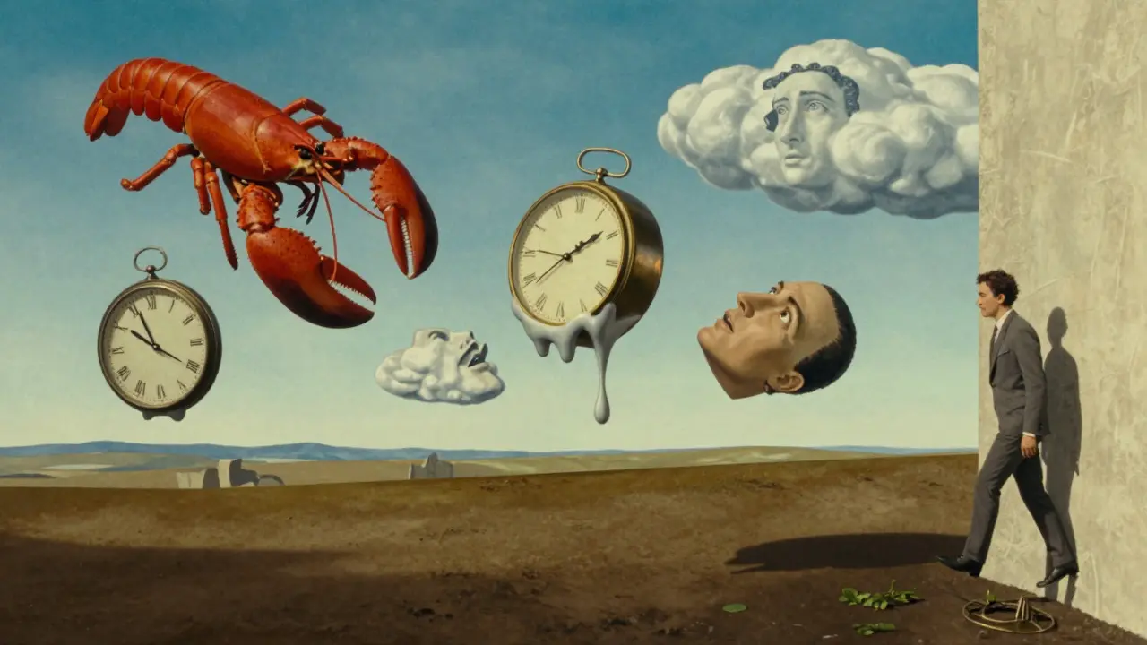Dreamlike landscape with floating objects and melting clocks representing Surrealist break from logical narrative