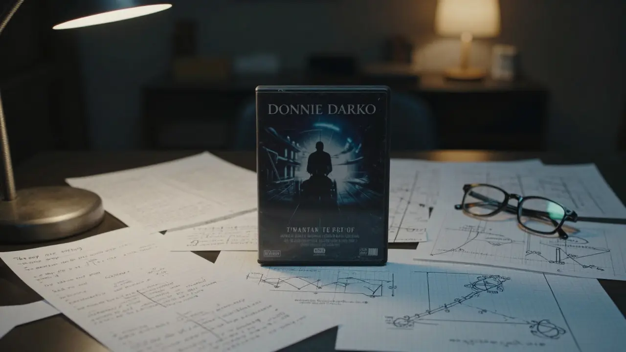 DVD case surrounded by hand-drawn theory diagrams on a desk