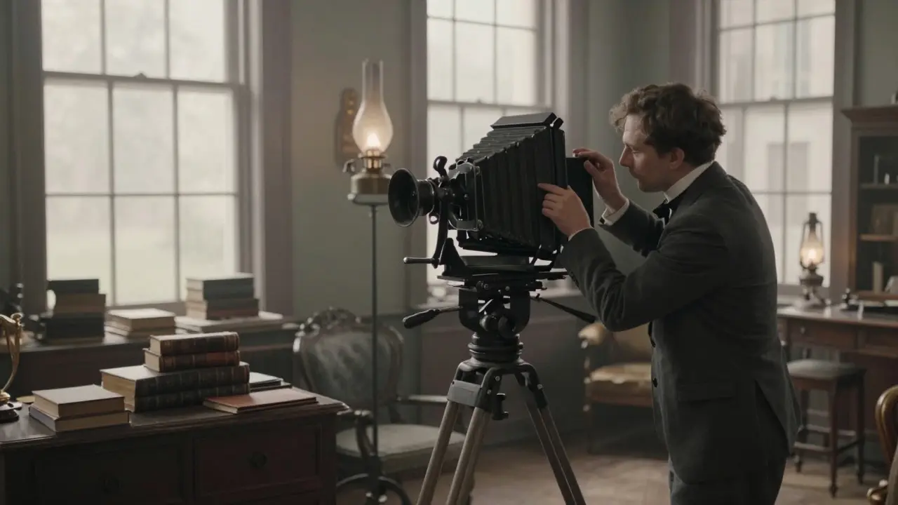 Early 20th-century film set with vintage camera and practical oil lamp lighting
