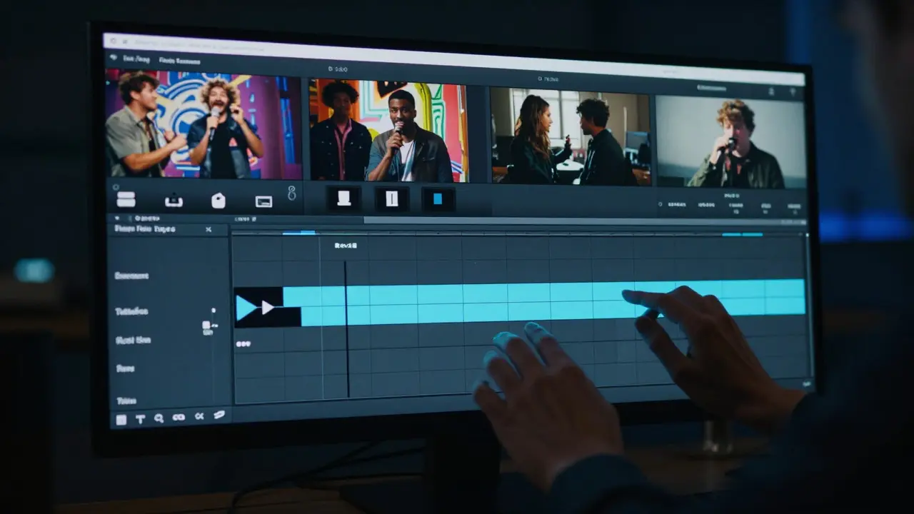 Editing suite with a timeline showing fast cuts and slow fades