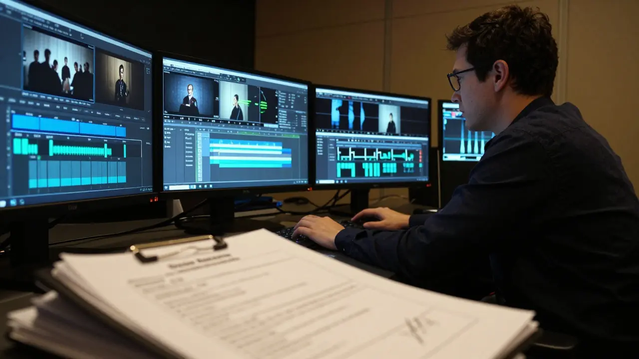 Editor reviewing footage and licenses in a dimly lit post-production suite