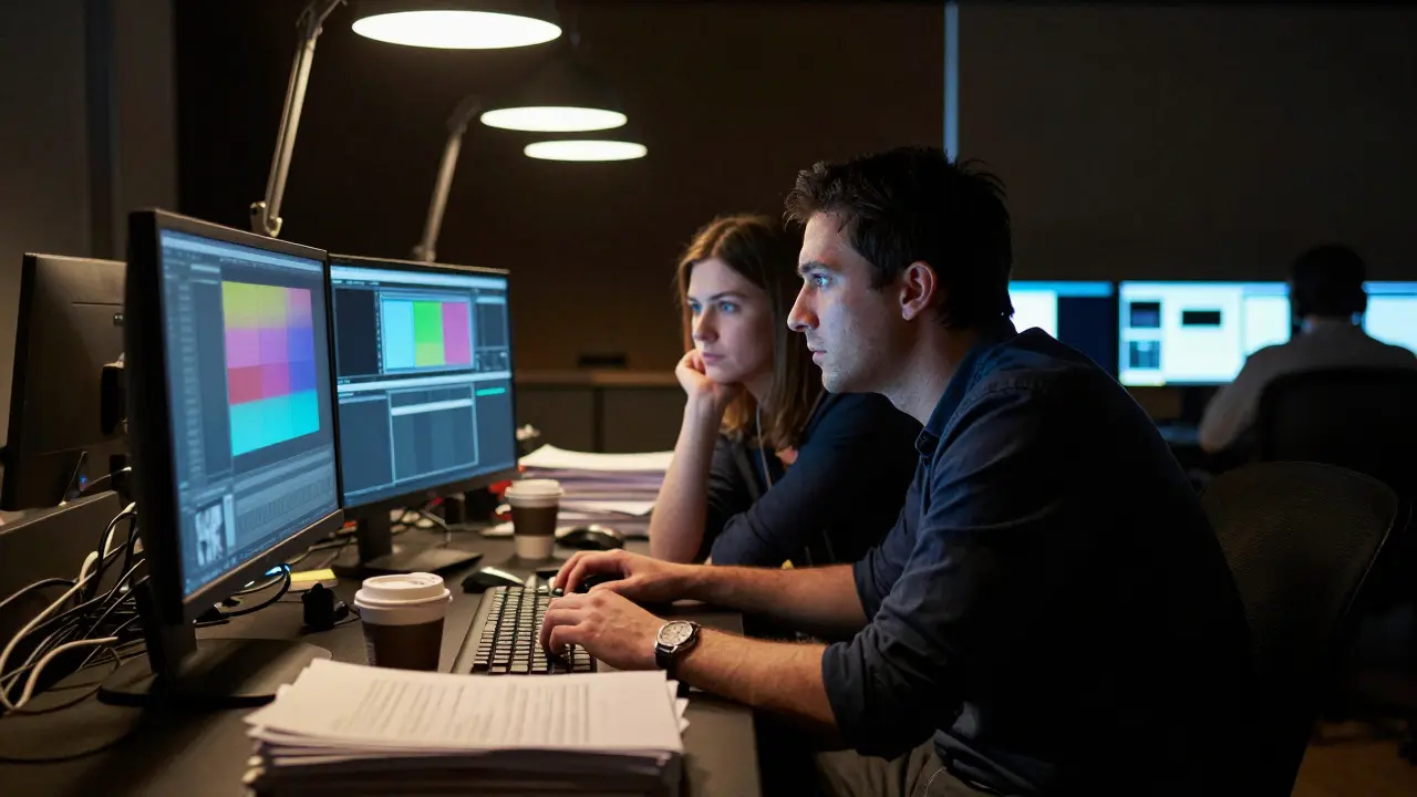 Editors working together in a dimly lit post-production suite