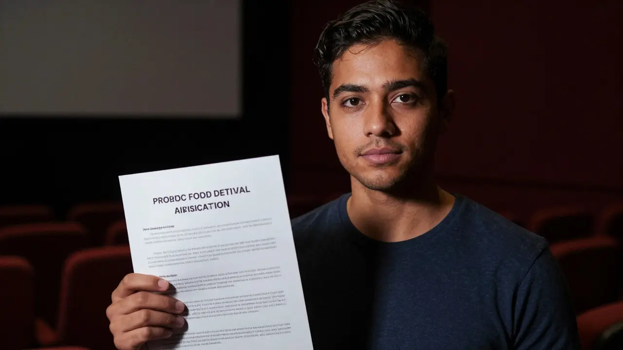 Emerging filmmaker holding a one-sheet in a dimly lit movie theater