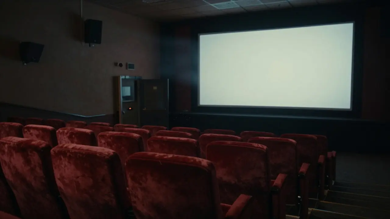 Empty 1950s movie theater interior with dust motes in projection light