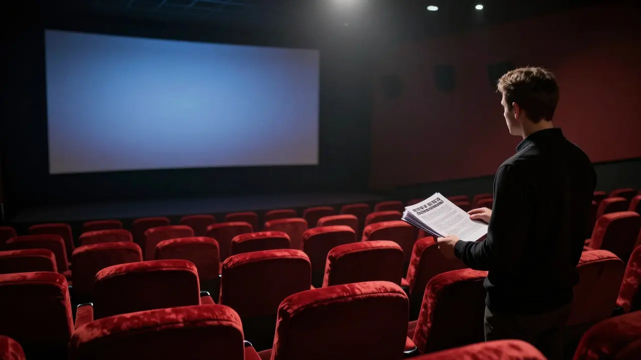 Empty cinema auditorium with a lone producer reviewing contracts before a premiere
