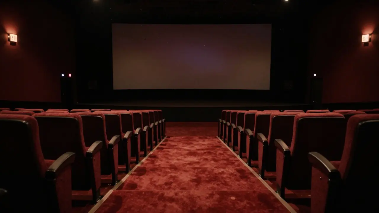 Empty movie theater aisle with faint silhouettes in the seats under dim amber lighting