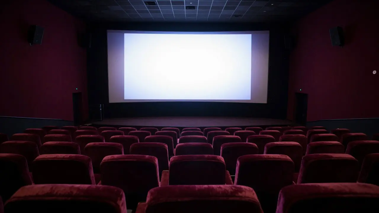 Empty velvet seats in a grand theater facing a bright projection screen