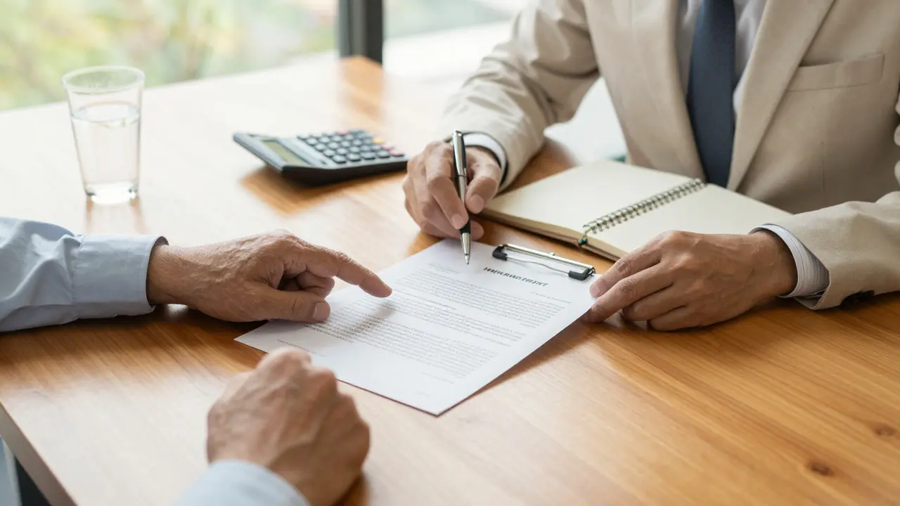 Executive and broker reviewing insurance contract in a meeting