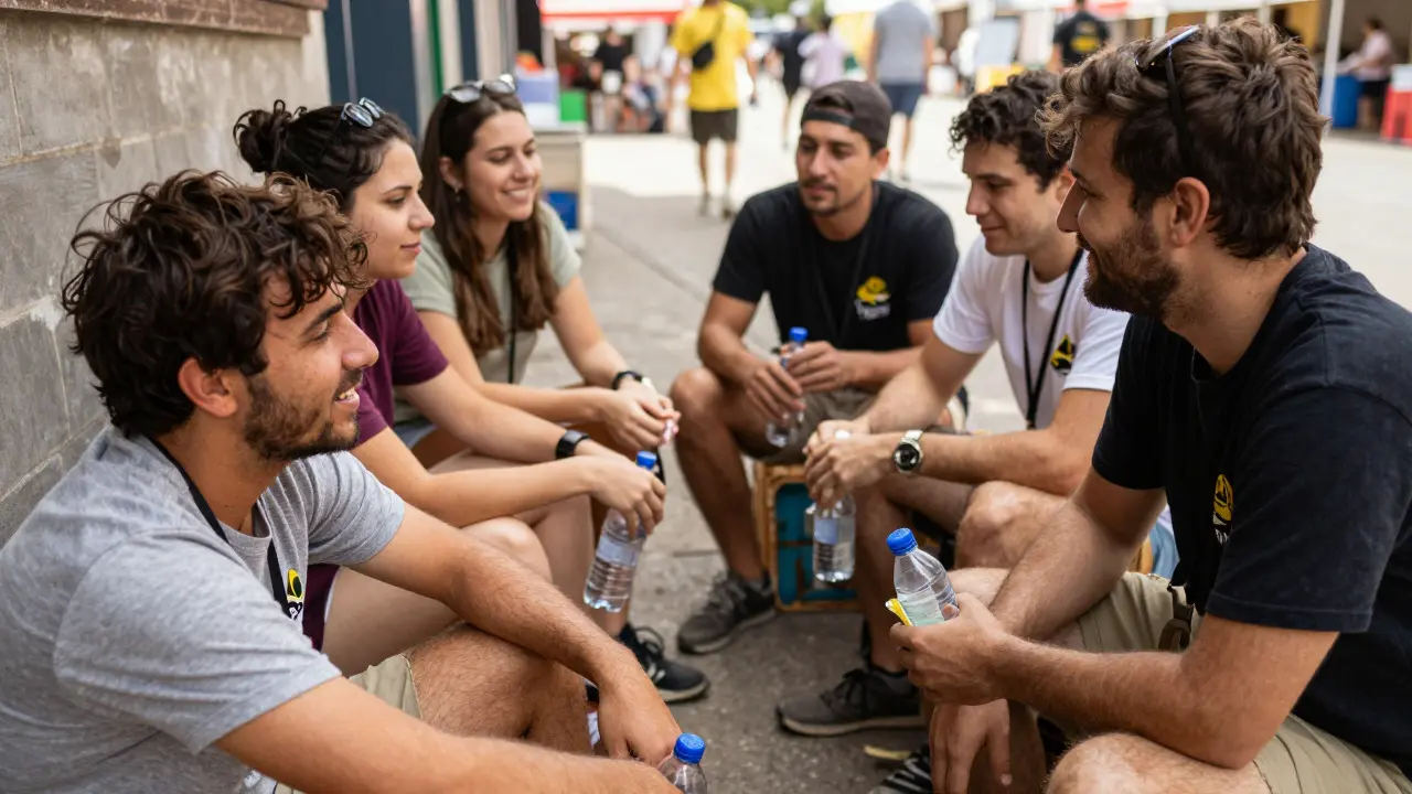 Exhausted but happy volunteers taking a break together outside a theater, sharing snacks and water.
