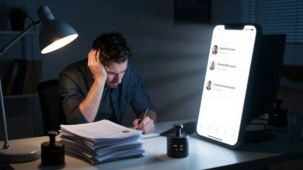 Exhausted critic in a dark office overwhelmed by glowing light from a device, representing social media pressure.