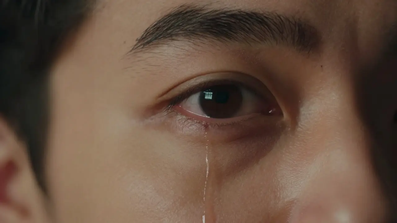 Extreme close-up of an actor's eye and tear reflecting a light source.