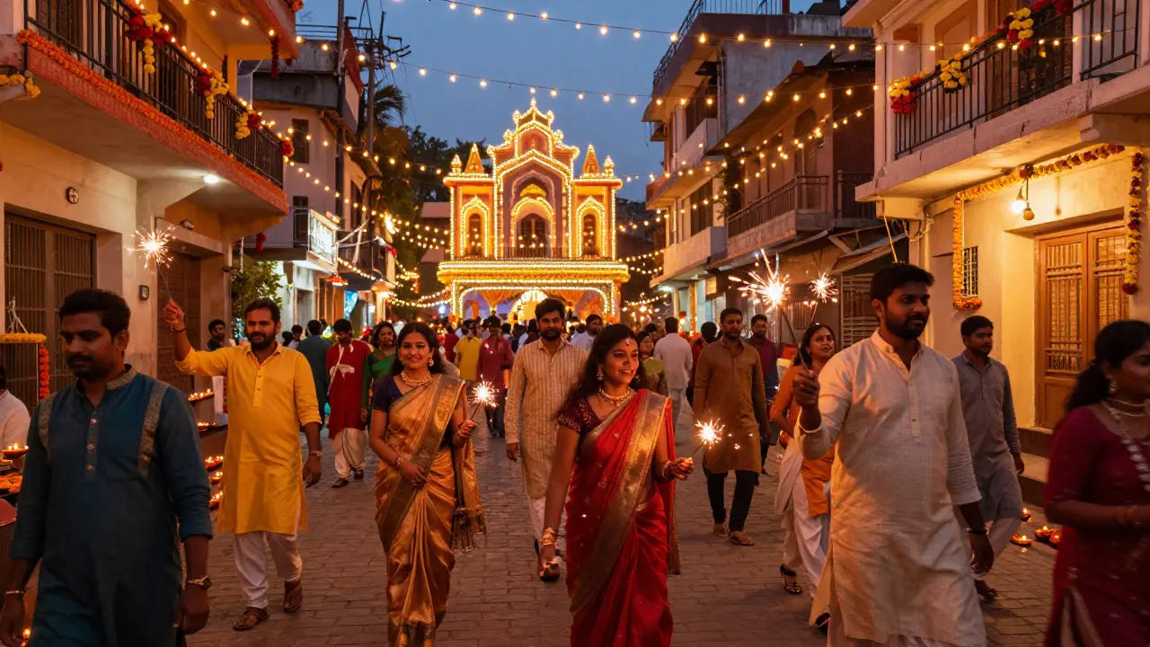 Families celebrating Diwali with diyas and lights near a decorated movie theater
