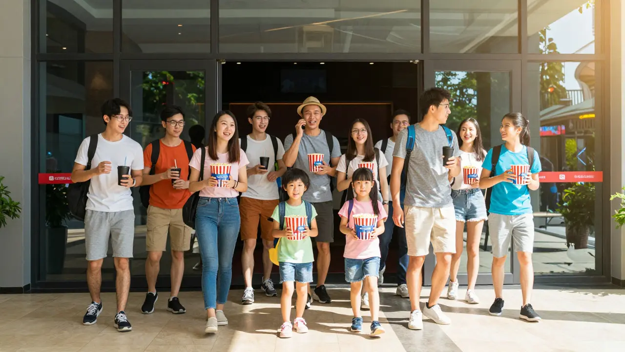Families entering a bright cinema lobby during summer, carrying snacks and drinks
