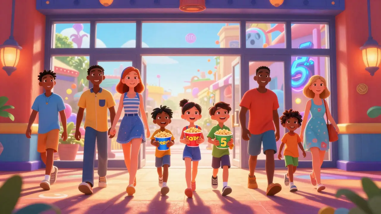 Families entering a bright movie theater lobby with popcorn