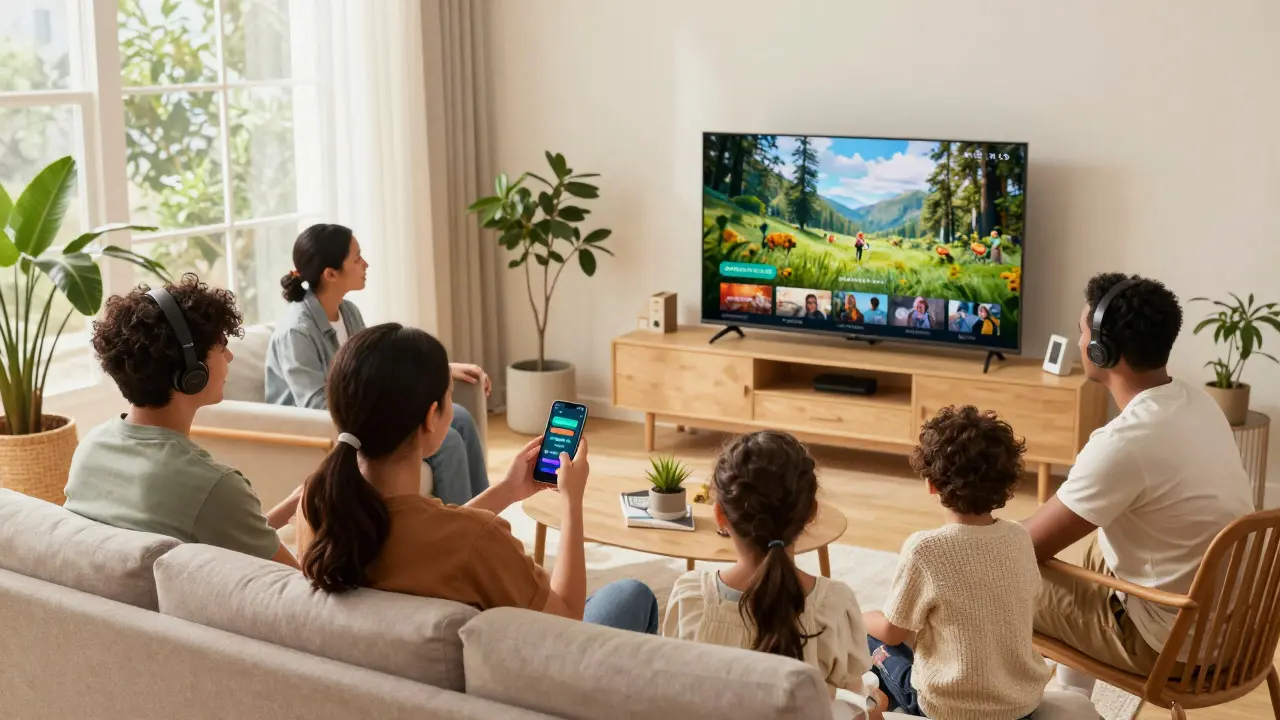 Family using streaming accessibility features in living room