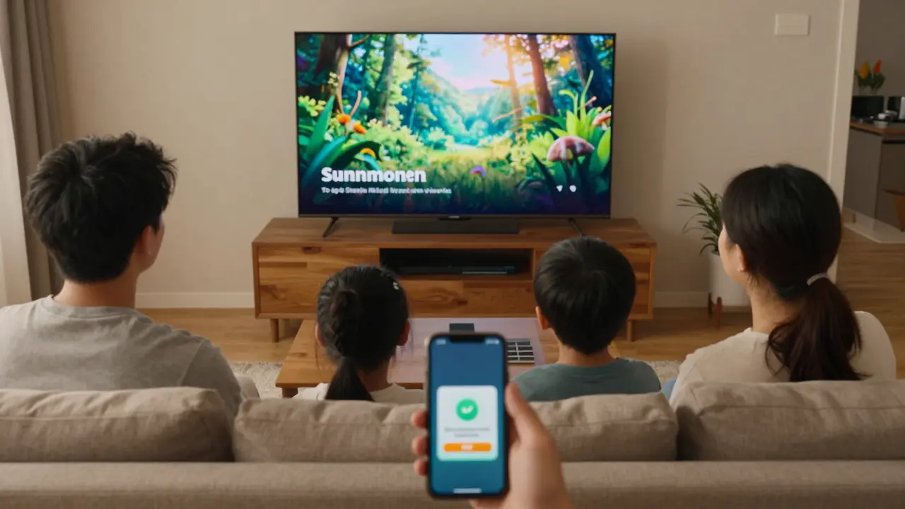 Family watching a documentary on TV while a phone shows a subscription alert