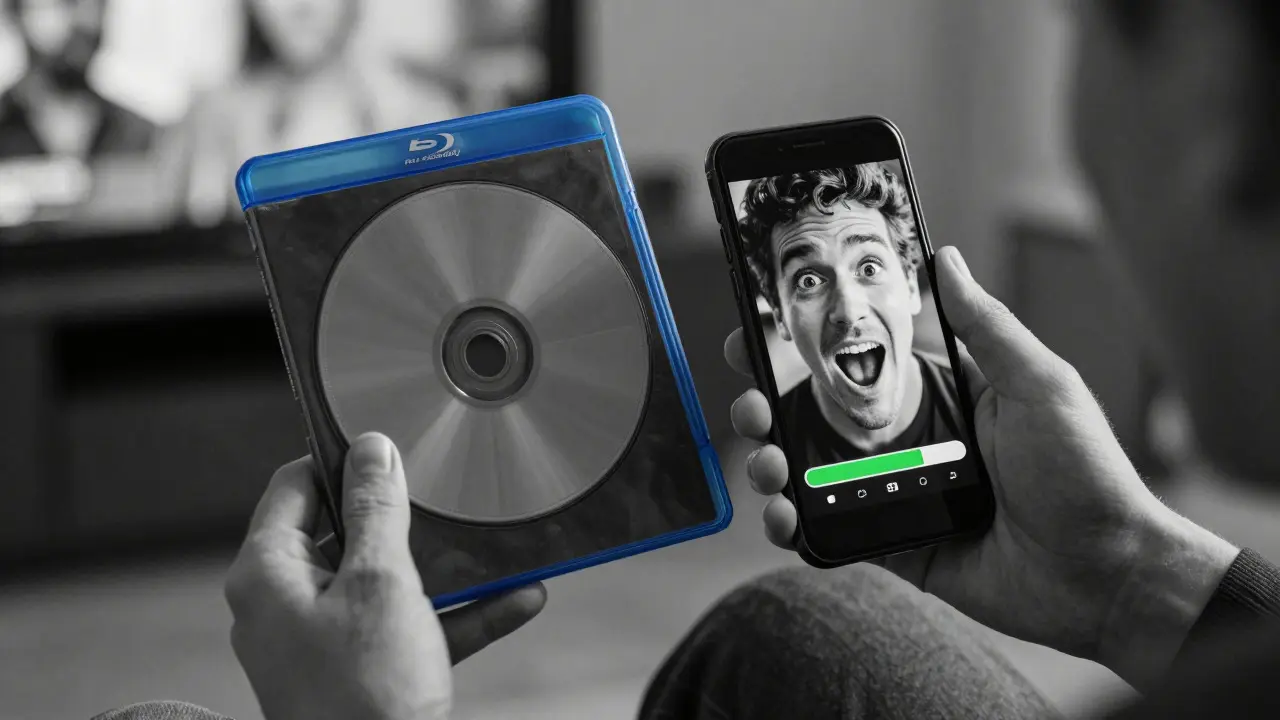 Fan holding Blu-ray disc and phone showing successful funding progress