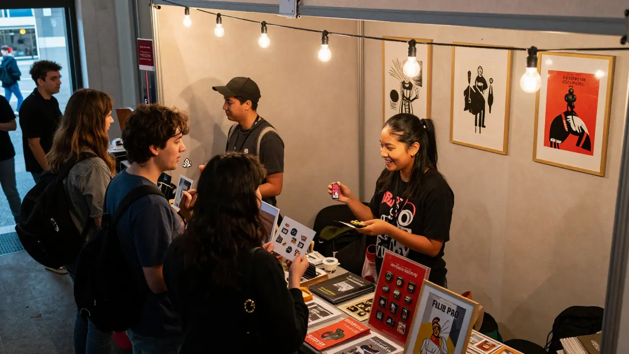 Fans browsing merchandise at a lively film festival pop-up booth