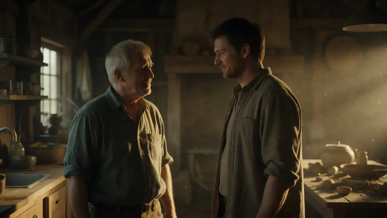 Father and son sharing a quiet moment in a rustic barn