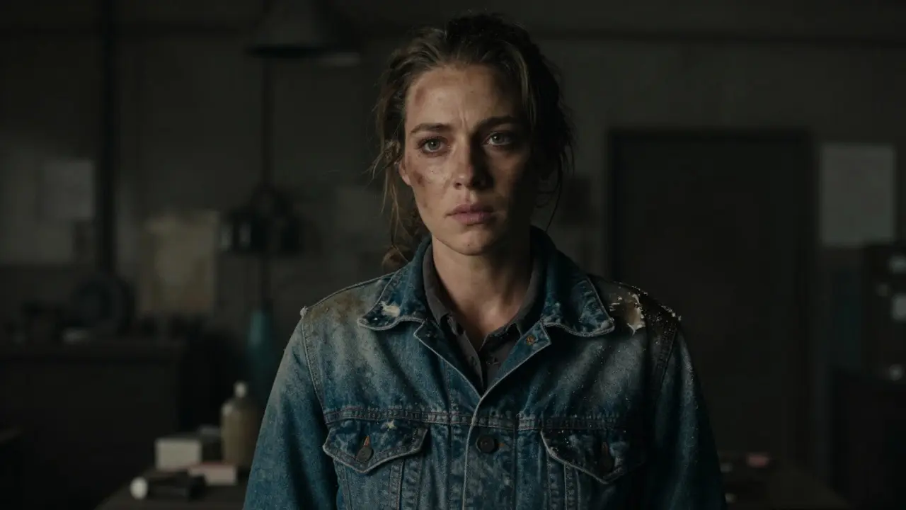 Female character in gritty period drama with weathered makeup and worn denim