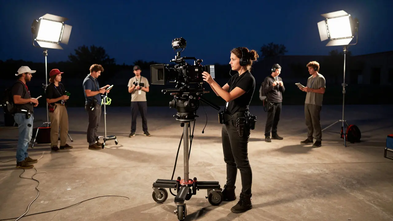 Female cinematographer adjusting a camera rig on a busy night film set