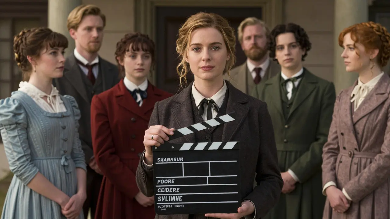Female director on a film set interacting with a cast in period costumes