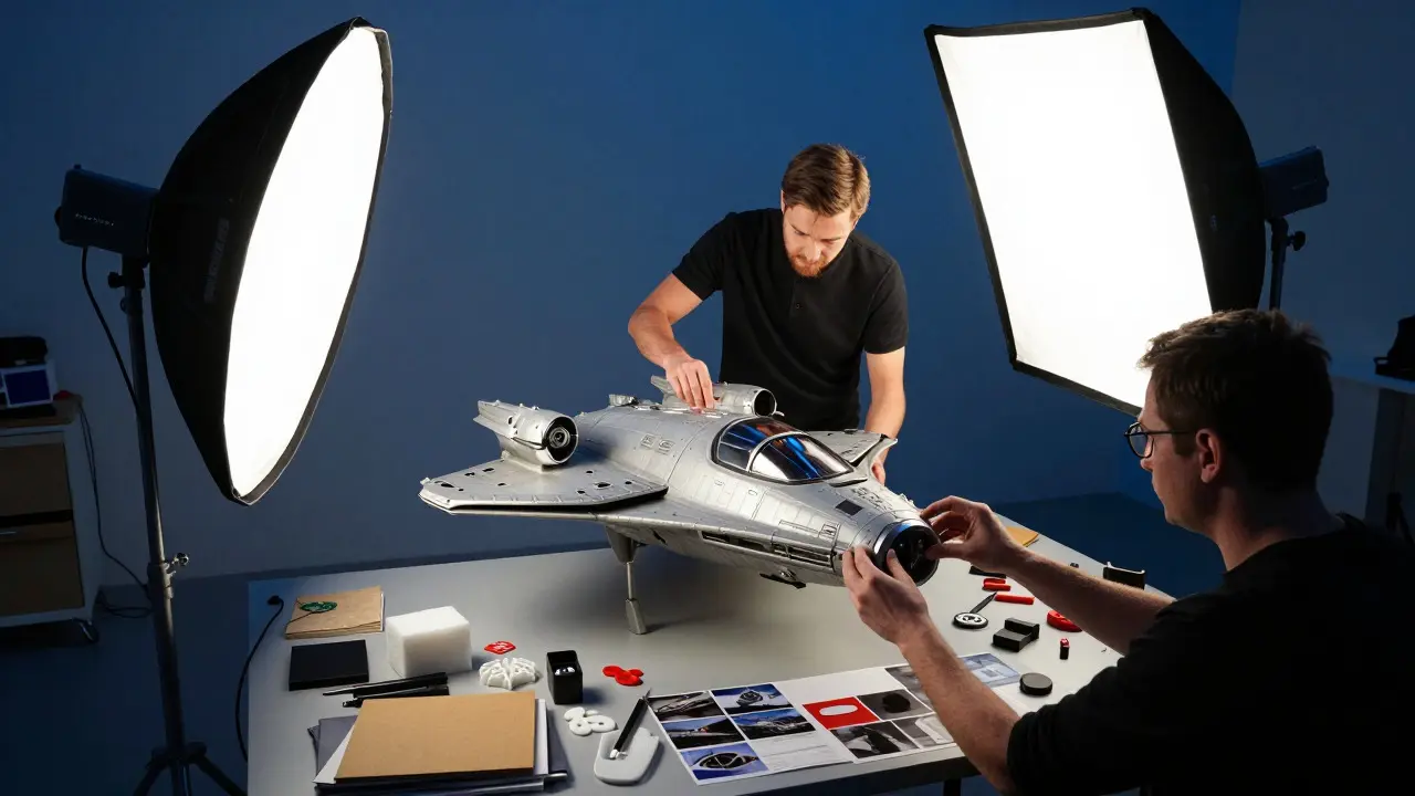 Film crew adjusting hard lights around a miniature spaceship model in a studio