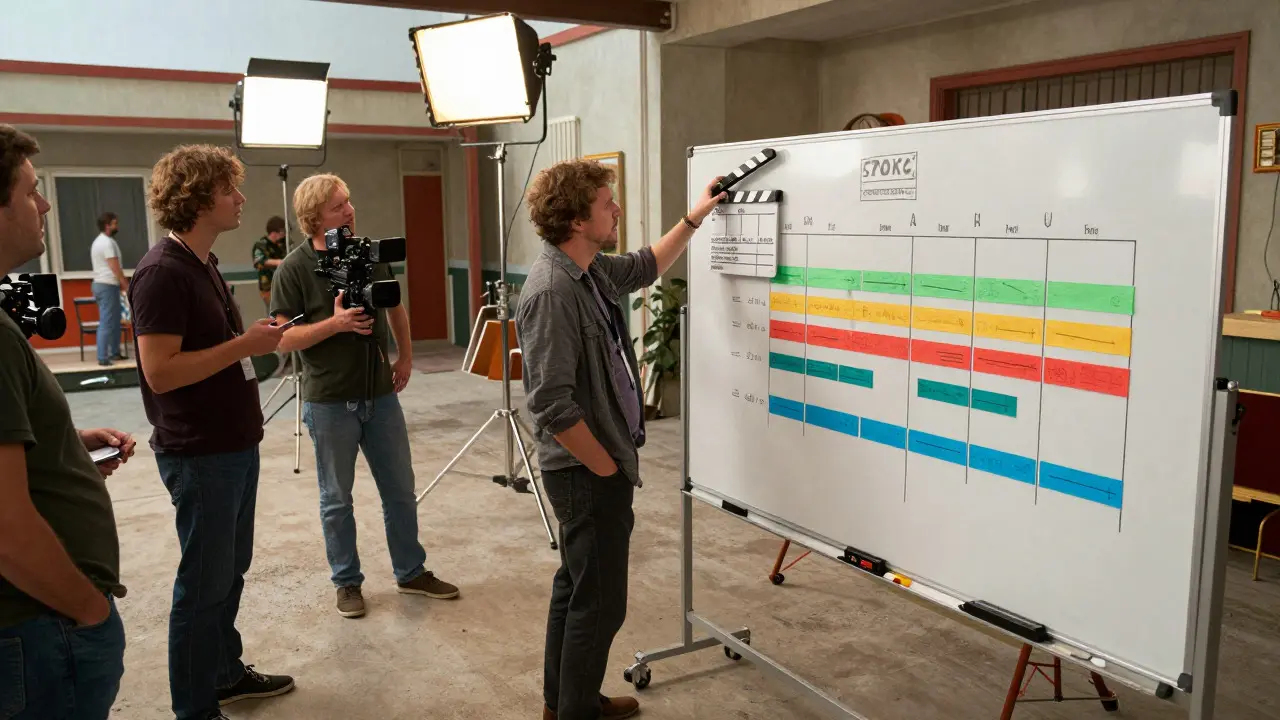 Film crew discussing a production timeline on a whiteboard on a retro-themed movie set